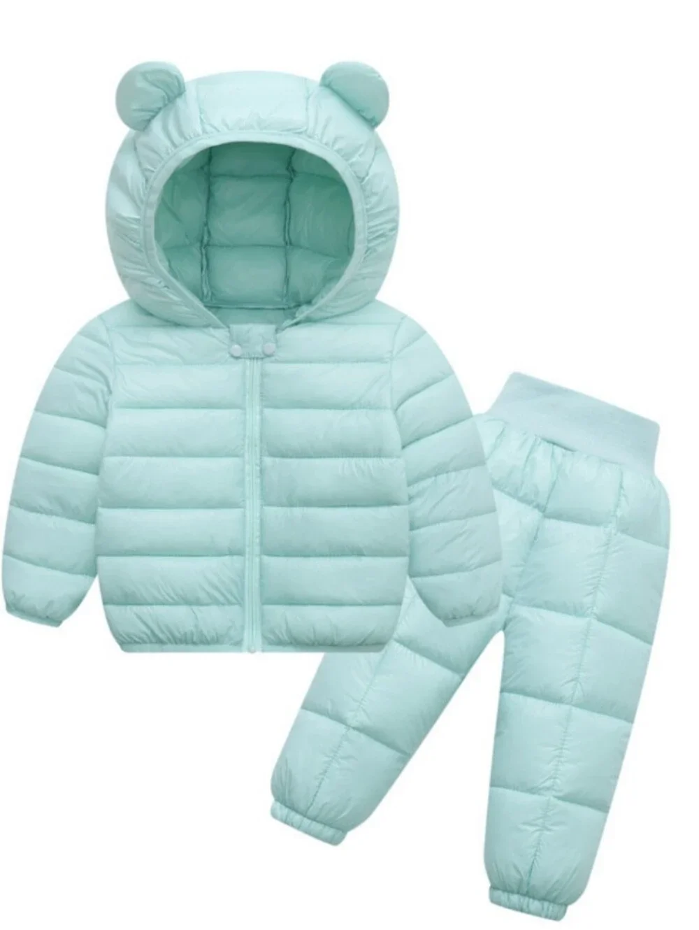 Light Aqua Puffer Jacket and Pants Set with Hooded Bear Ears Size 5-6 New